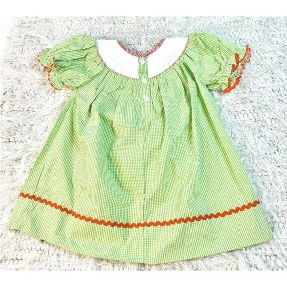 Beautiful Smocked Girl's Lime Green Gingham Thanksgiving Turkey Bishop Dress - Picture 3 of 7
